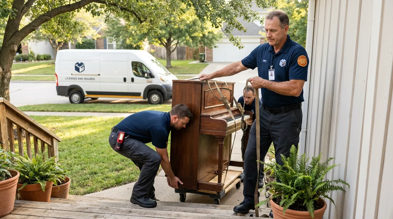 Licensed piano movers securing grand piano in Jacksonville, IL