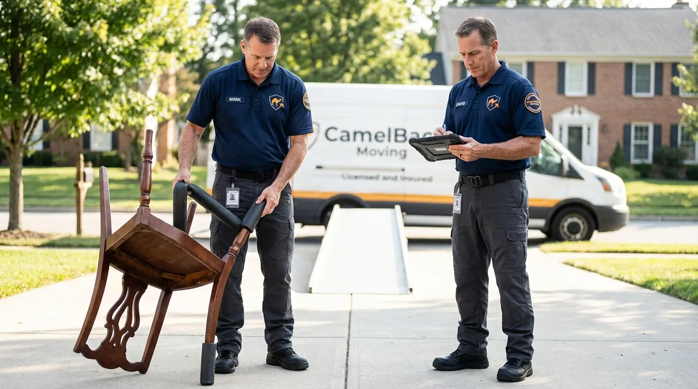 Movers inspecting furniture for damage prevention before loading in Jacksonville, IL