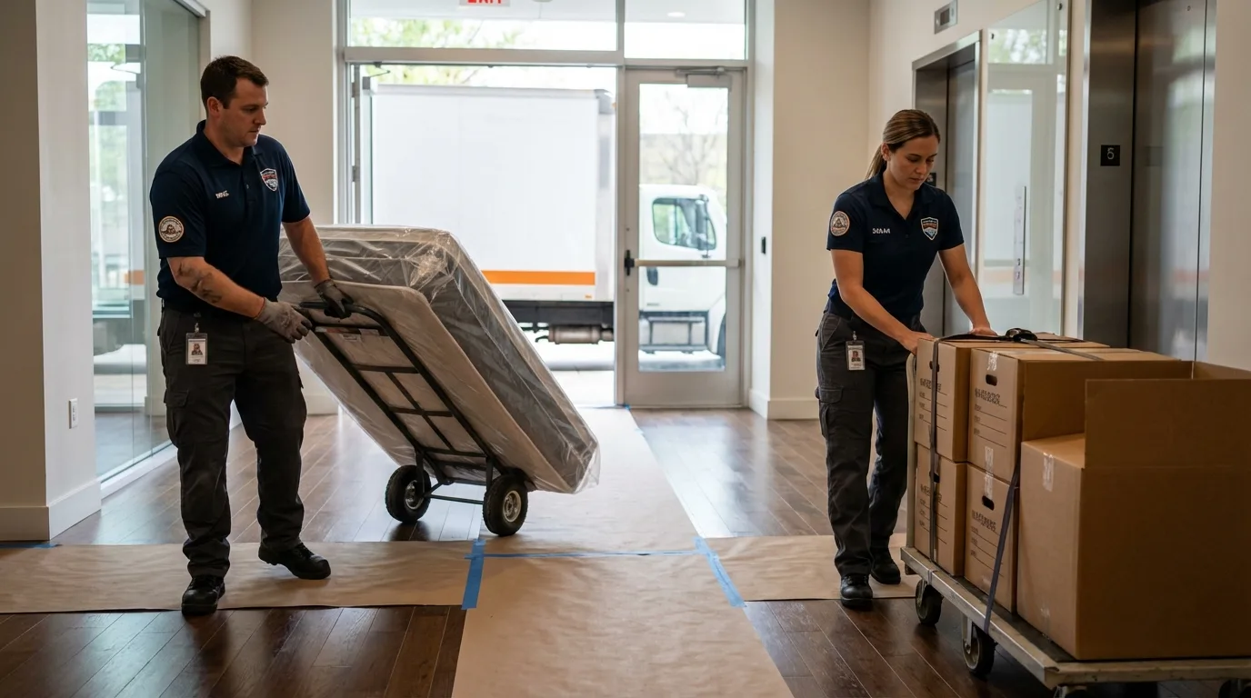 Professional apartment movers loading elevator in Jacksonville, IL